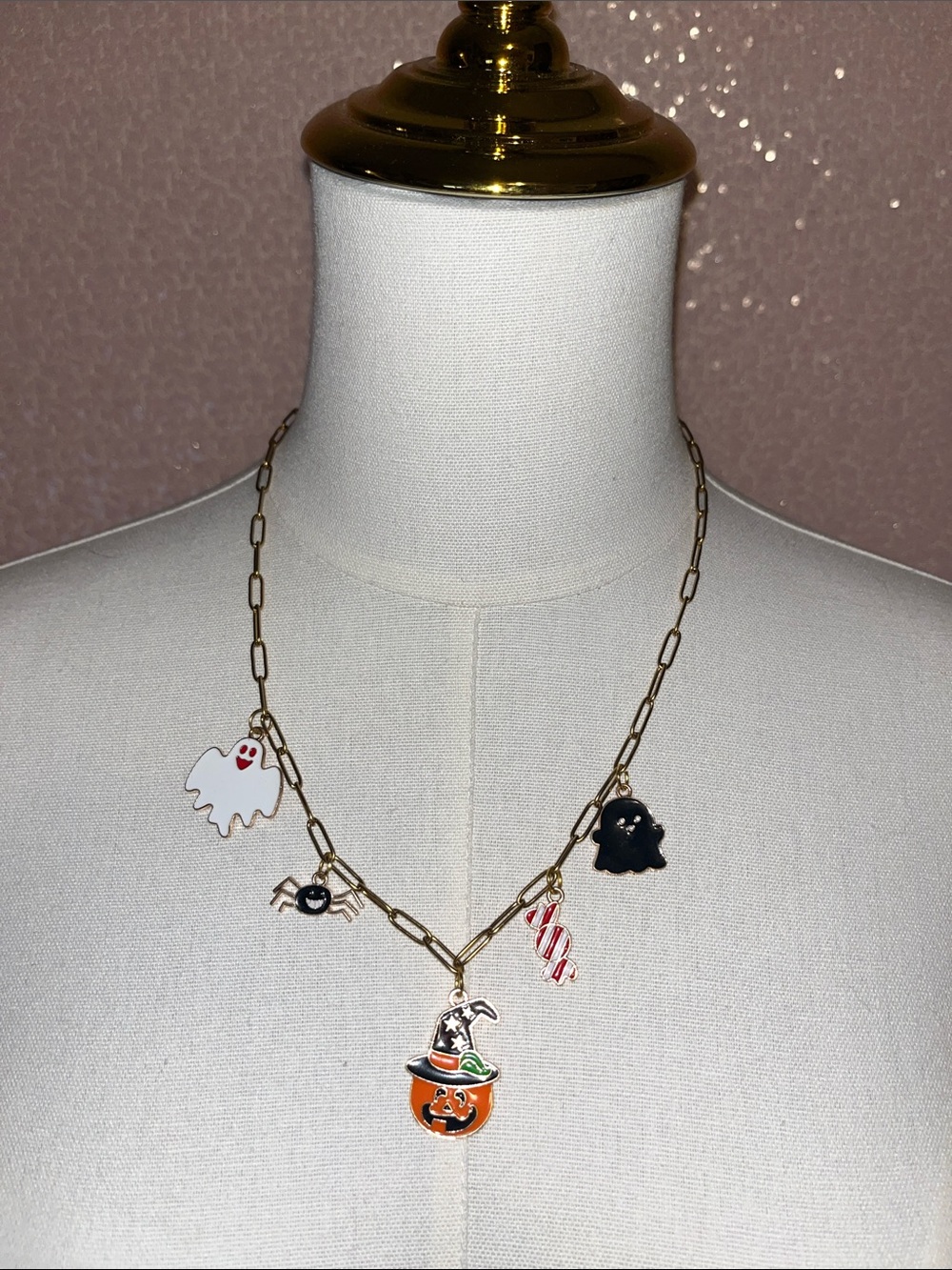 Handmade Halloween Charm Necklace with Orange Pumpkin and Ghosts